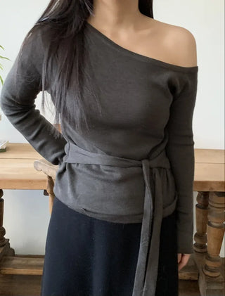 Ribbon Belt Puff Sleeve One-Shoulder Knit