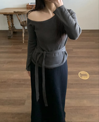 Ribbon Belt Puff Sleeve One-Shoulder Knit