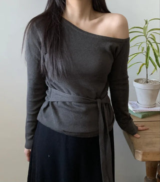 Ribbon Belt Puff Sleeve One-Shoulder Knit
