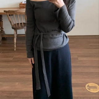 Ribbon Belt Puff Sleeve One-Shoulder Knit
