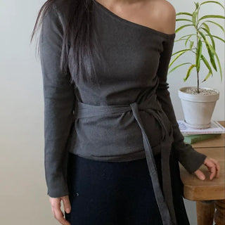 Ribbon Belt Puff Sleeve One-Shoulder Knit