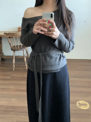 Ribbon Belt Puff Sleeve One-Shoulder Knit