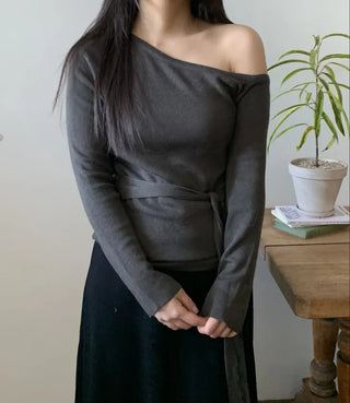 Ribbon Belt Puff Sleeve One-Shoulder Knit