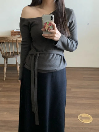 Ribbon Belt Puff Sleeve One-Shoulder Knit