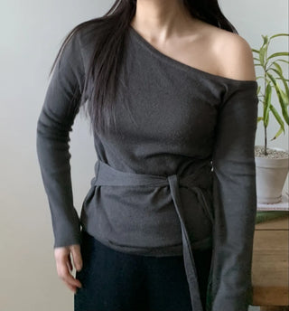 Ribbon Belt Puff Sleeve One-Shoulder Knit