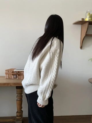 Cable Twist Oversized V-Neck Knit