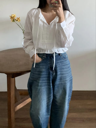 Romantic Shirred Pintuck Puff Blouse