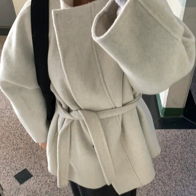 Big Collar Collarless Mid-Belted Short Coat