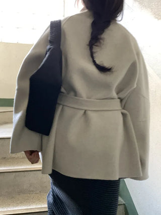 Big Collar Collarless Mid-Belted Short Coat