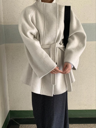 Big Collar Collarless Mid-Belted Short Coat