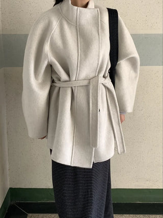 Big Collar Collarless Mid-Belted Short Coat