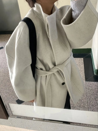 Big Collar Collarless Mid-Belted Short Coat