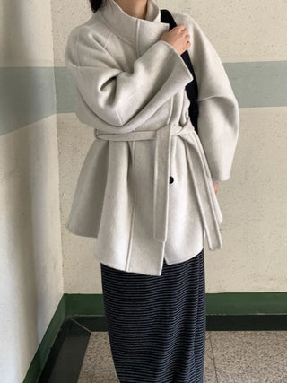 Big Collar Collarless Mid-Belted Short Coat