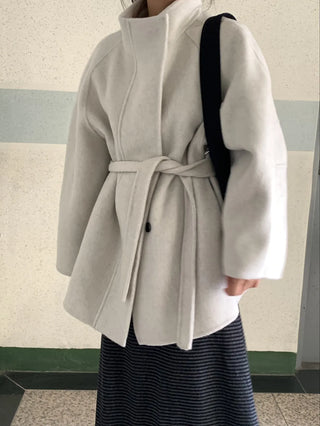 Big Collar Collarless Mid-Belted Short Coat