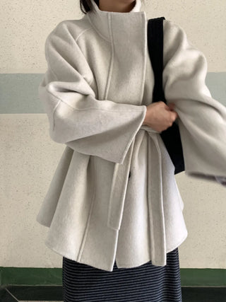 Big Collar Collarless Mid-Belted Short Coat