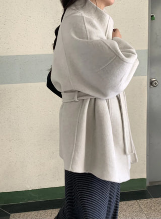 Big Collar Collarless Mid-Belted Short Coat