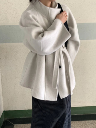 Big Collar Collarless Mid-Belted Short Coat