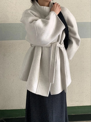 Big Collar Collarless Mid-Belted Short Coat