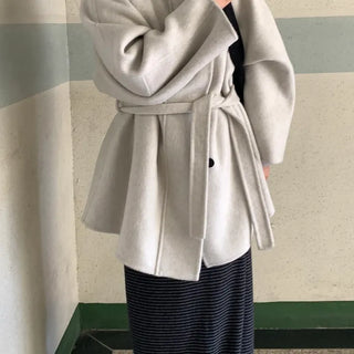 Big Collar Collarless Mid-Belted Short Coat