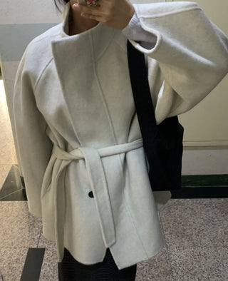 Big Collar Collarless Mid-Belted Short Coat