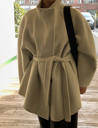 Big Collar Collarless Mid-Belted Short Coat