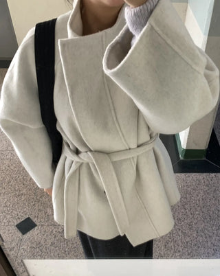 Big Collar Collarless Mid-Belted Short Coat