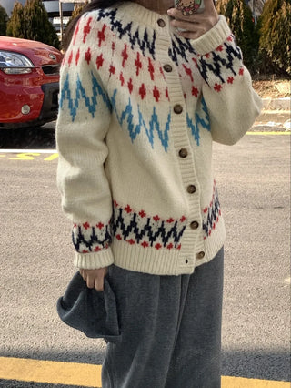 Retro Argyle Pattern Oversized Knit Cardigan