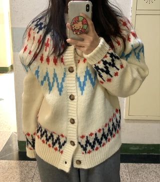 Retro Argyle Pattern Oversized Knit Cardigan