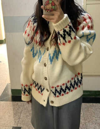 Retro Argyle Pattern Oversized Knit Cardigan