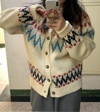 Retro Argyle Pattern Oversized Knit Cardigan