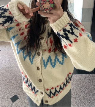 Retro Argyle Pattern Oversized Knit Cardigan