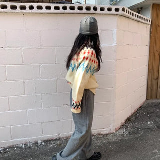 Retro Argyle Pattern Oversized Knit Cardigan