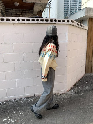 Retro Argyle Pattern Oversized Knit Cardigan