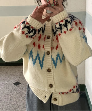 Retro Argyle Pattern Oversized Knit Cardigan