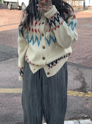 Retro Argyle Pattern Oversized Knit Cardigan