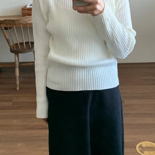 Wide Rib Drop Shoulder Loose Fit V-Neck Knit