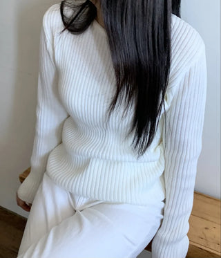 Wide Rib Drop Shoulder Loose Fit V-Neck Knit