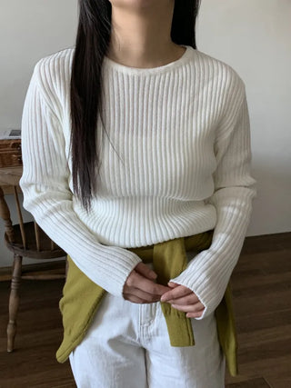 Wide Rib Drop Shoulder Loose Fit V-Neck Knit