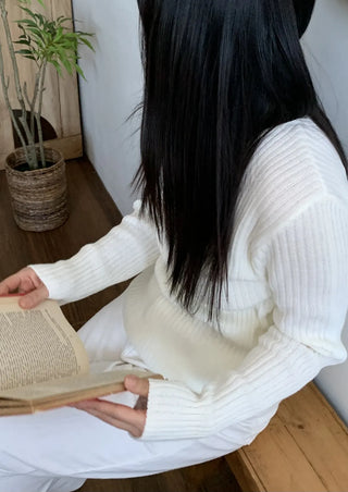 Wide Rib Drop Shoulder Loose Fit V-Neck Knit