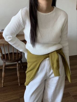 Wide Rib Drop Shoulder Loose Fit V-Neck Knit