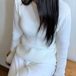 Wide Rib Drop Shoulder Loose Fit V-Neck Knit