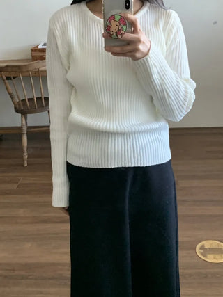 Wide Rib Drop Shoulder Loose Fit V-Neck Knit
