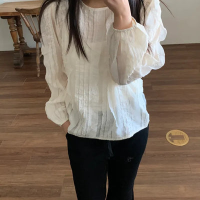 Natural Cotton Pleated Shirred Square Neck Blouse