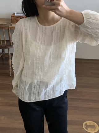 Natural Cotton Pleated Shirred Square Neck Blouse