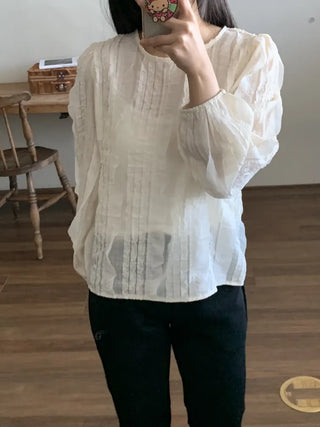 Natural Cotton Pleated Shirred Square Neck Blouse