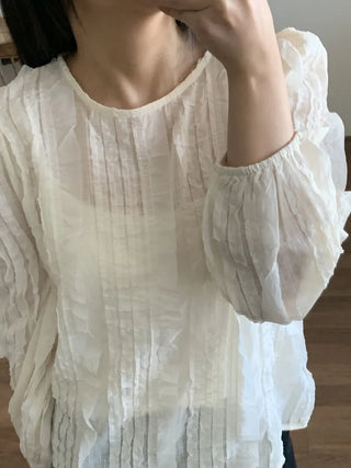 Natural Cotton Pleated Shirred Square Neck Blouse
