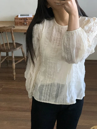 Natural Cotton Pleated Shirred Square Neck Blouse