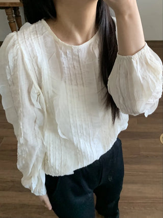 Natural Cotton Pleated Shirred Square Neck Blouse