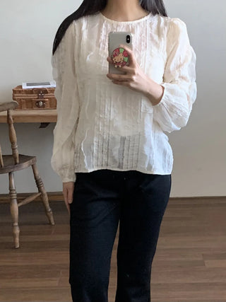 Natural Cotton Pleated Shirred Square Neck Blouse