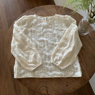 Natural Cotton Pleated Shirred Square Neck Blouse